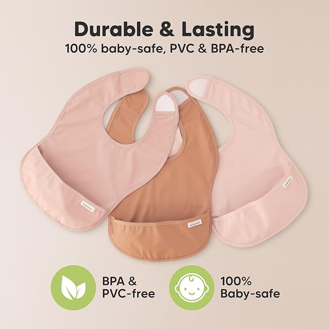 KeaBabies 3-Pack Waterproof Baby Bibs for Eating - Lightweight Toddler Feeding Bibs with Large Food Catcher, Mess Proof, Food-Grade Baby Eating Essentials, Easy to Put On & Clean (Bloom)