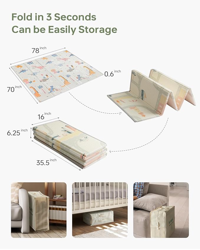 BG-BABYGO Baby Play Mat Foldable Baby Floor Play Mat 0.6" Thick Soft Foam Playmat for Babies Reversible Waterproof Padded Baby Girl Play Mat Portable Baby Crawling Mat for Indoor Outdoor