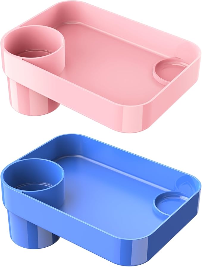 [2 Pack] Car Seat Snack Tray for Toddlers - 3 Inch Cup Holder Fits Most Sippy Cups & Straw Bottles with Dip Well, Mess-Free Square Kids Travel Tray Road Trip Essentials, Blue & Pink