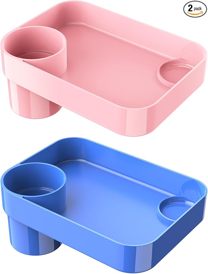[2 Pack] Car Seat Snack Tray for Toddlers - 3 Inch Cup Holder Fits Most Sippy Cups & Straw Bottles with Dip Well, Mess-Free Square Kids Travel Tray Road Trip Essentials, Blue & Pink