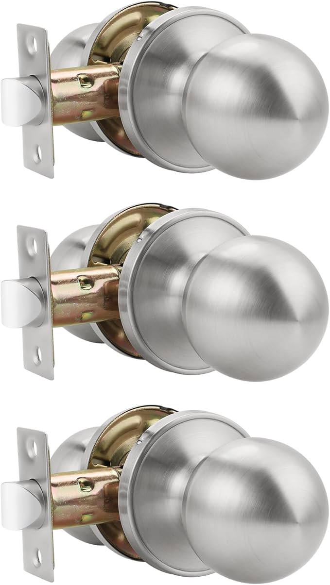 Knobonly 3 Pack Keyless Indoor Door Knob, Passage Door Knobs, Interior Door Knobs, Satin Nickel, Stainless Steel