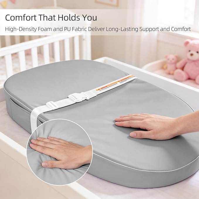 Baby Changing Pad, Waterproof Vegan Leather Wipeable Diaper Changing Pad with Safety Strap Non-Slip Changing Mat for Dresser & Table