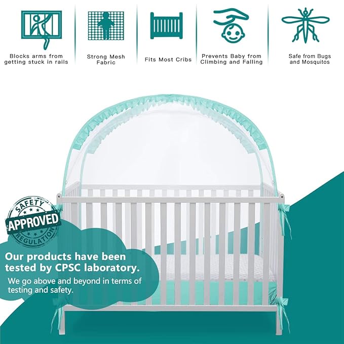 L RUNNZER Crib Pop Up Tent Baby Safety Mesh Cover Mosquito Net Toddler Bed Canopy Netting Cover Protect Baby from Biting and Falling, Emerald, 51 x 51 x 27 Inch
