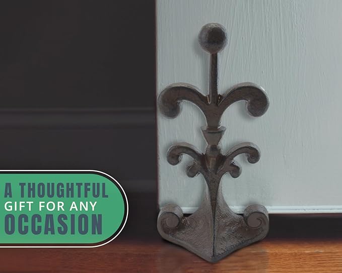 Comfify Fleur De Lis Cast Iron Door Stop – One Decorative Wedge with Felt Bottom – Antique Rust Brown – 4" x 3.5" x 7.75"