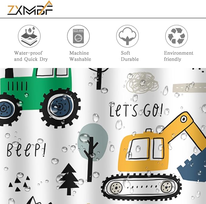 Colourful Construction Truck Shower Curtain Cartoon Excavator Vehicle Tractor Cars for Boys Kids Machinery Bathroom Decor Waterproof Fabric 72Lx72W Inch with Hooks