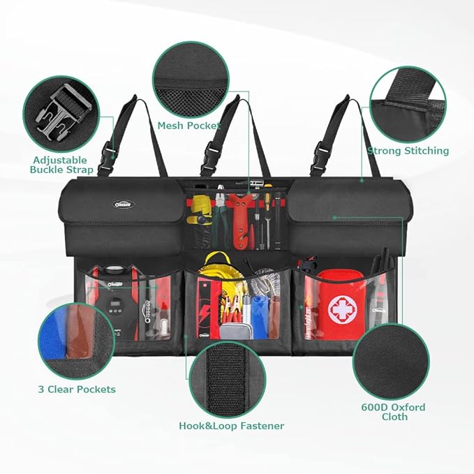 Oasser Back Seat Trunk Organizer Hanging Car Organizer Trunk Foldable Cargo Storage with 6 Large Pockets 3 Adjustable Straps 40x19inch