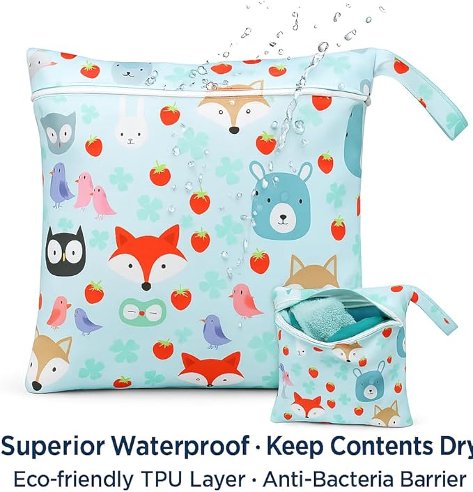 FANALALA Waterproof Wet Dry Bag, Reusable Diaper Pouch with Zipper, Machine Washable Travel Organizer for Beach, Daycare, Kids, Dinosaur Pattern (Red Fox)