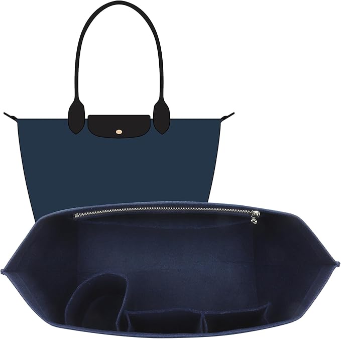 Felt Purse Organizer Insert Compatible with Longchamp Le Pliage L Tote & M Handbags, Zipper Bag Organizer Insert with Cup Holder for Women Bags Shaper Divider, 8 Compartments (Blue,L)