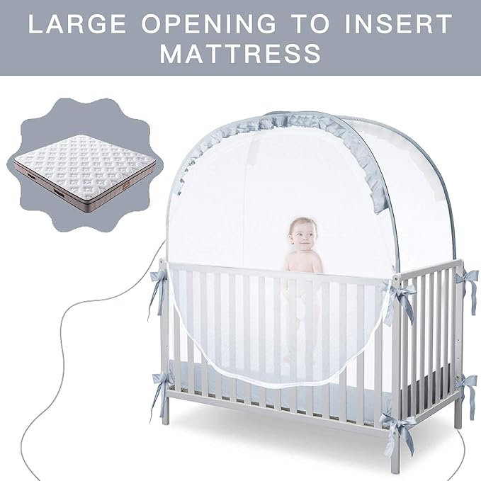L RUNNZER Baby Crib Tent, Breathable Pop Up Crib Tent Canopy Keep Baby from Climbing Out, Crib Net to Keep Baby in with Auto-Lock Zipper(55.2" L x 27.6" W x 51.6" H)