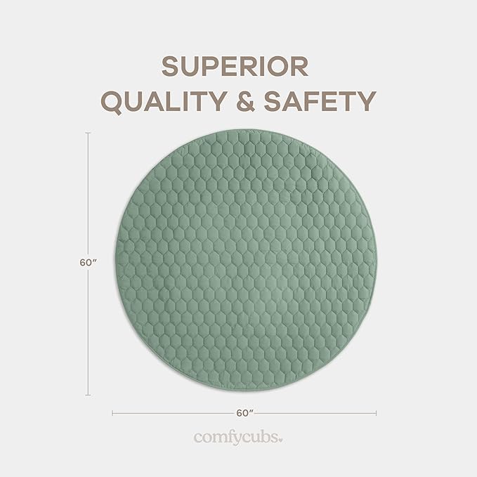 Comfy Cubs Round Kids Play Mat - Large 60 inches Soft Quilted Baby Floor Mat with Non-Slip Bottom - Plush Design for Toddlers' Playtime - Comfortable and Durable - Fern