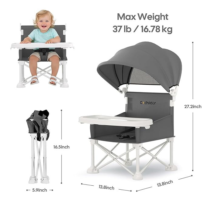 Cochildor 4-in-1 Portable Baby Chair, Foldable Toddler Booster Seat with Removable Tray, Canopy & Safety Harness, Gray