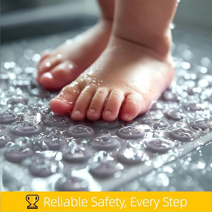 Bath and Shower Safety Mats 27.5x15 inch, Non Slip with Strong Suction Cups for Bathroom Stall and Tub Floor, Extra Large and Machine Washable, Drain Holes Keep Bathtub Clean, Soft on Feet, Light Grey