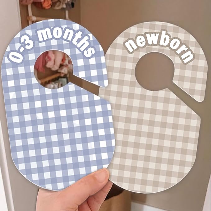 Baby Closet Divider, Baby Wardrobe Organizer, Double-Sided Pastel Gingham Design, Nursery Decor Clothes Hanger Dividers for Sorting 8 Sizes from Newborn to 12+ Months