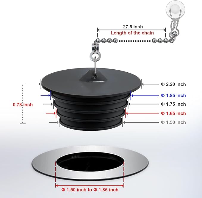 Bathtub Stopper, Silicone Tub Drain Stopper/Plug/Cover with 27.5" Stainless Steel Beaded Chain, Shower Bath Drain Water Stopper