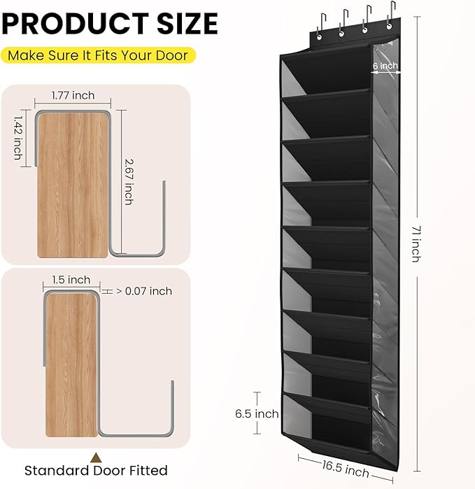 Mefirt 10 Tier Clear Over the Door Shoe Organizer with Deep Pockets, Door Shoes Rack with Hard Tube to Keep the Shape, Hanging Shoe Rack for Closet Organizers & Storage, Behind Door Shoe Holder Black