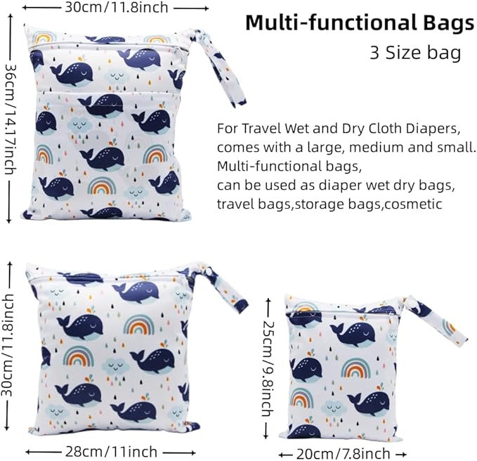 Asenappy 3pcs Cloth Diaper Wet Dry Bags Waterproof Reusable with Two Zippered Pockets Travel Beach Pool Daycare Soiled Baby Items Yoga Gym Bag for Swimsuits or Wet Clothes