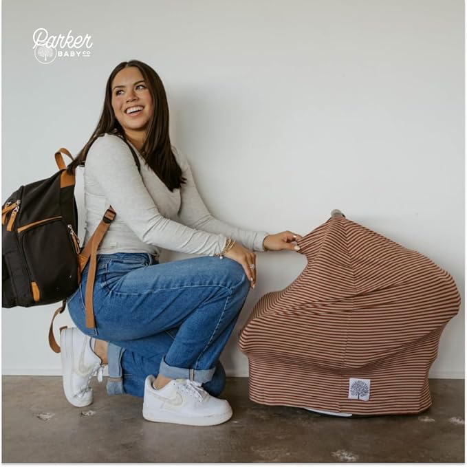 Parker Baby 4 in 1 Car Seat Cover for Girls and Boys - Stretchy Carseat Canopy, Nursing Cover, Grocery Cart Cover, High Chair Cover - “Clay/Alpaca Stripes”