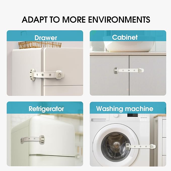 Child Safety Fridge Locks, 3pcs Adjustable Refrigerator Door Lock, Child Proof Safety Cabinet Lock with Strong 3M Adhesives for Cabinets and Drawers, Multi-Purpose for Furniture Toilet Seats Ovens.
