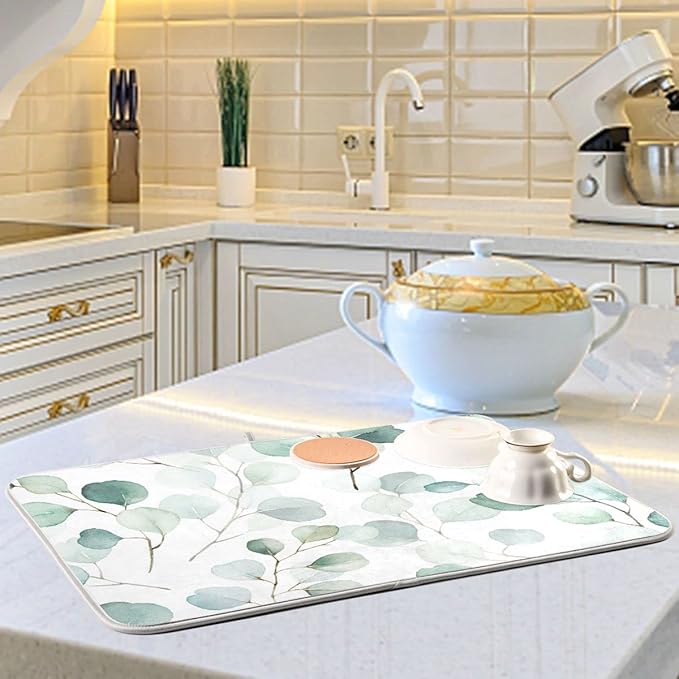Sage Green Leaves Dish Drying Mat for Kitchen Counter Watercolor Branch Plant Drying Mat 18 x 24 Inch with High Absorbent Reversible Microfiber Dish Drying Pad Drainer Mat for Coffee Bar