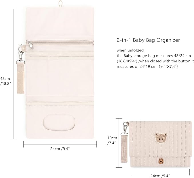 MOMIGO Baby Diaper Bag Organizer Pouches - Waterproof Pod Foldable Diaper Organizer Set, Cute Bear Bag Gift for Baby Shower (Khaki)