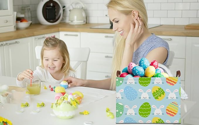 HKEC Rectangle Easter Gift Basket Empty with Handles for Kids,Cute Organizer Toy Bin,Books Basket,Room Decor(Easter Rabbit Basket)