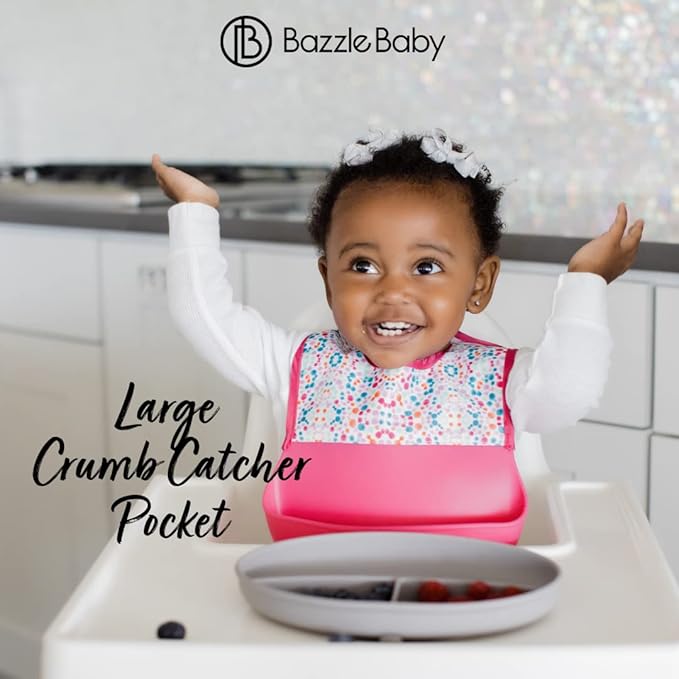 Bazzle Baby Silicone Bibs with Food Catcher - Rolls Up and Button closed for easy travel and storage Waterproof 2-Pk