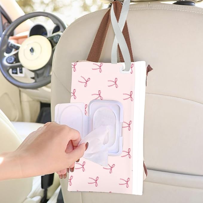 Wipe Dispenser and Wipes Container, 2 Pack Reusable Wipes Holder and Travel Wipes Case, Refillable Pouch for Baby Essentials, blush& bow Design (Blush)