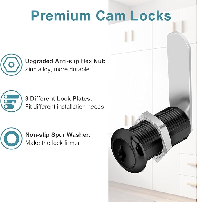Cabinet Cam Lock Keyed Alike Black 1-1/2 Inch Cam Locks with Keys Secure Files Drawers RV Storage Locks Replacement Set, Black Finish (Black 1-1/2 Inch 2Pcs)