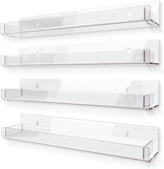 RORKIM 4 Pack 15 Inch Clear Acrylic Shelves, Clear Kids Floating Bookshelf for Kids Room, Modern Nail Polish Rack Sunglasses Essential Oil Picture Ledge Display Toy Storage Wall Shelf