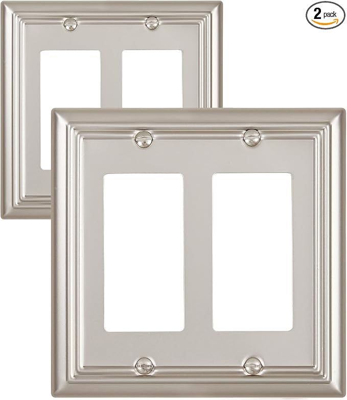 2-Pack Double Decorator Outlet Covers, Satin Nickel Wall Plates for Dimmer Switch, GFCI Outlet and Receptacal, Durable Metal, Midsize