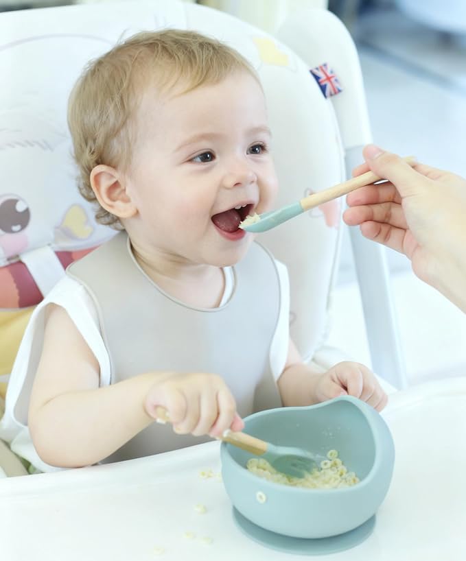 Ginbear Baby Bowls with Suction, Silicone Bibs, Self Feeding Spoons, Led Weaning Supplies, Toddler Eating Set for Ages 6 Months+ (Hazy Green)