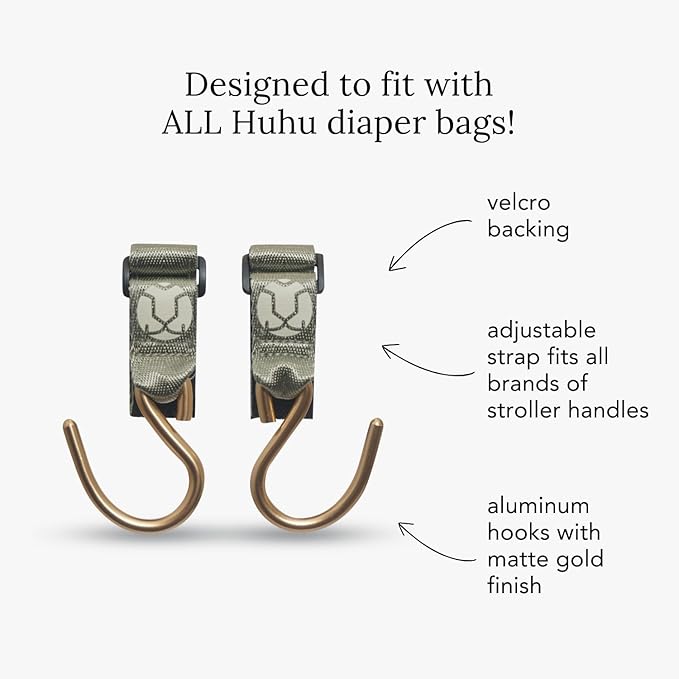 Huhu Essential Stroller Hooks - Lightweight Aluminum Stroller Bag Hook with Adjustable Straps, Matte Gold S-Hooks for Diaper Bag, Shopping, Everyday Essentials – Universal Fit Baby Stroller Accessory