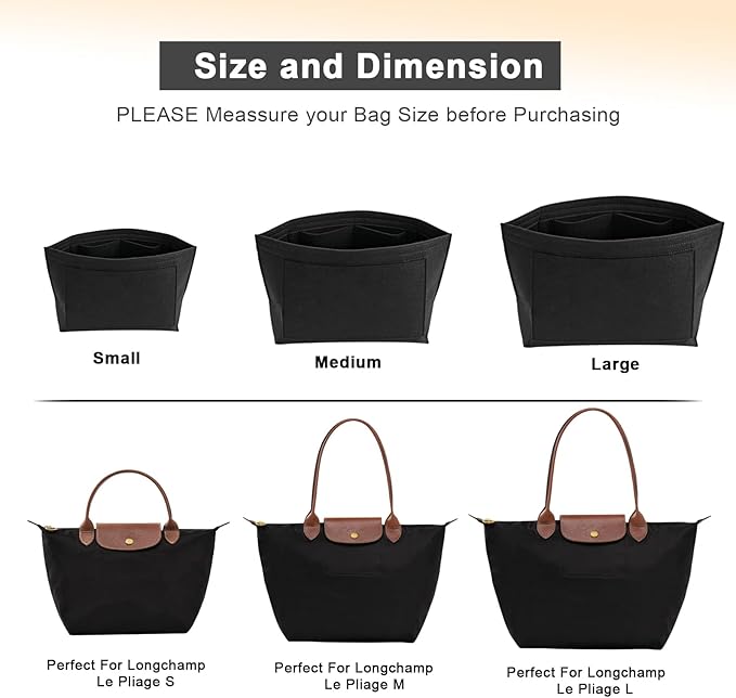 Felt Purse Organizer Insert for Longchamp Le Pliage S Handbag Insert (Small, Black)