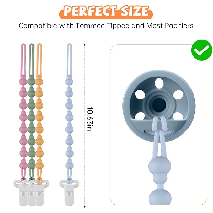 4 Pack Pacifier Clip Compatible with Tommee Tippee, One Piece Silicone Pacifier Holder Clips, Rust-Free Soft Silicone, Flexible Clip with Stylish Round Design, Ideal for Pacifiers and Teethers