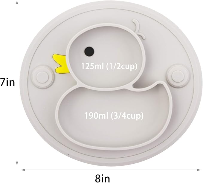 Linowos Baby Divided Plate Silicone- Portable Non Slip Child Feeding Plate with Suction Cup for Children Babies and Kids BPA Free Baby Dinner Plate Microwave Dishwasher Safe … (Duck-Gray)