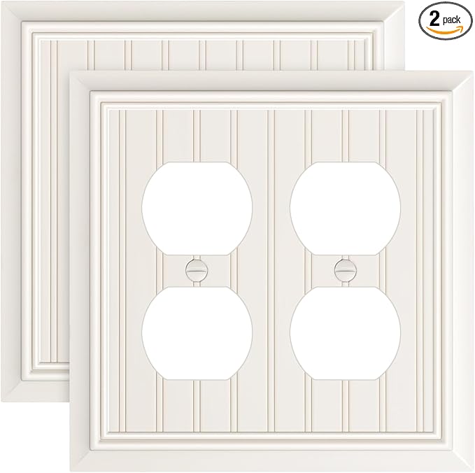 2-Pack Classic Beadboard Double Duplex Outlet Cover, Light Almond Decorative Switch Plates and Outlet Covers for Electrical Outlets, Durable Natural Bamboo Fiber Wall Plates, 2 Gang Receptacle Cover