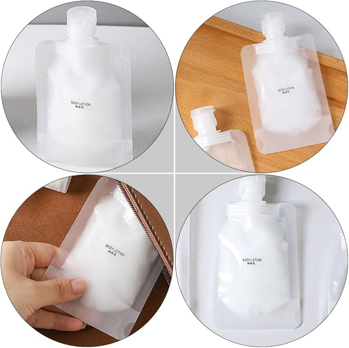 KALLORY Travel Refillable Cosmetic Sub-Packing Bags Set 15Pcs 1 Oz Empty Lotion Sample Pouches for Shampoo Conditioner Creams Toiletries Skin Care Storage