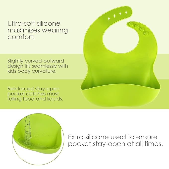 3 Pack Silicone Baby Bib for Babies & Toddlers (6-72 Months), Waterproof, BPA Free, Green Pink and Blue, Easy Wipe Clean