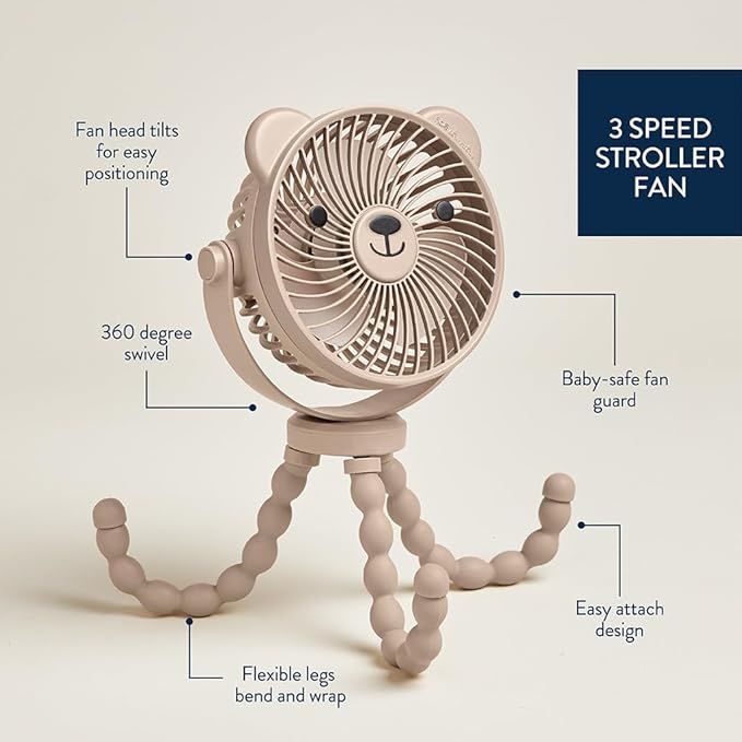 Itzy Ritzy Stroller Accessory - Features 360 Degree Swivel Design, Tilting & Flexible, Easy-Attach Wraparound Legs (Bear) - 3-Speed Stroller Fan
