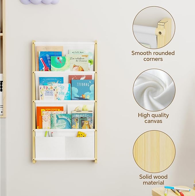 Wood 4-Tier Wall Mounted Kids Bookshelf – Floating Book Shelf For Kids Rooms,Nursery & Classroom, Hanging Bookcase Organizer For Books, Toddler Book Shelf, Montessori Bookshelf, Nursery Shelves