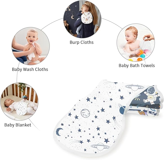 Spriggenix 6 Pack Baby Burp Cloths for Boys Girls, Soft Cotton, Space Rocket Theme Design, Super Absorbent Baby Burping Cloths for Newborns, Machine Washable and Reusable Baby Spit-Up Cloths
