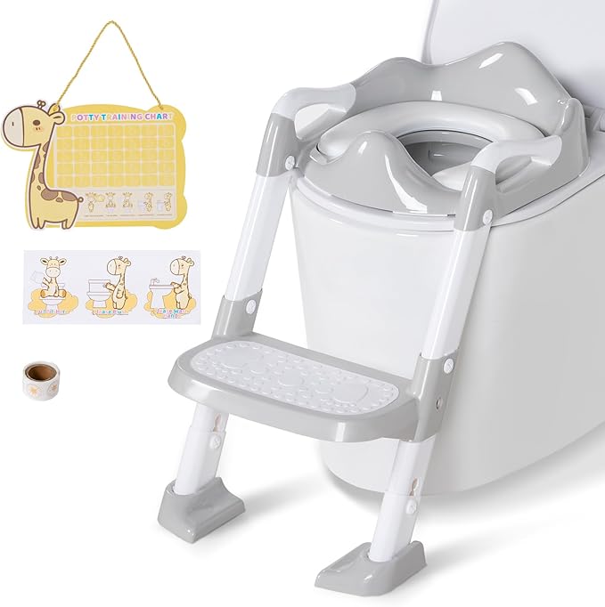 Potty Training Seat with Step Stool, Toddler Toilet Seat w/Ladder, Potty Training Chart, Splash Guard & Upgraded Non-Slip Pads, Kids Foldable Training Toilet Potty Chair for Boys Girls (Gray)