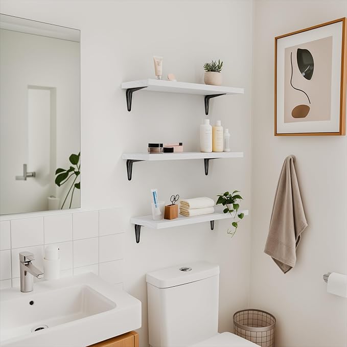 SKYSEN Floating Shelves for Wall Set of 6, 15.7in Wood Wall Shelf for Decor, Bathroom, Bedroom, Storage, Book,Kitchen, Living Room - White(fs-40-w)