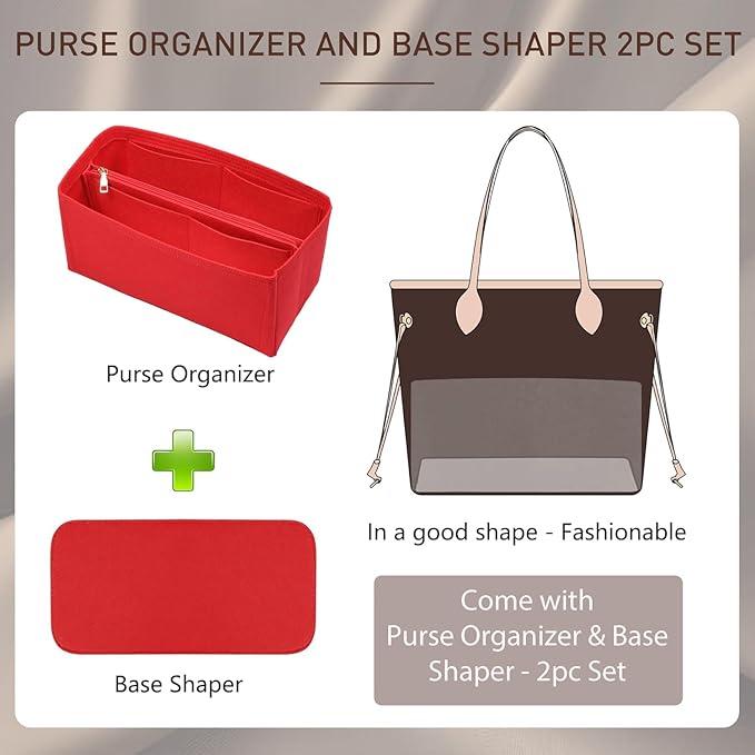Doxo Purse Organizer Insert for Handbags & Base Shaper 2pc Set with Zipper, Felt Bag Organizer for Tote, Purse Organizer for LV Speedy 25, Neverfull PM, Le Pliage S Handbag and More(Red-006)
