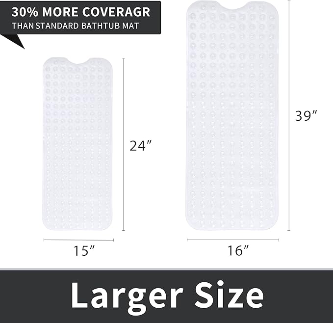ROSMARUS Shower Mat Extra Long 16” x 39” Non-Slip Bath Mat for Tub with Suction Cups and Drain Holes Bathtub Mats for Kids, Baby, Bathroom Shower Floor Mat Anti Slip Bathtub Accessories, Clear