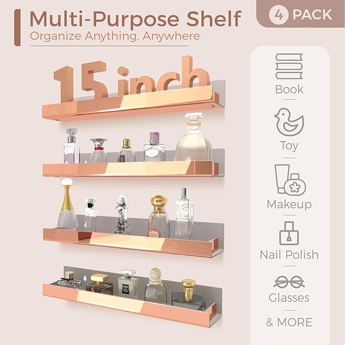 RORKIM 4 Pack 15 Inch Rose Gold Reflective Acrylic Shelves, Rose Gold Floating Shelves, Modern Sunglasses Essential Oil Picture Ledge Display Toy Storage Shelf