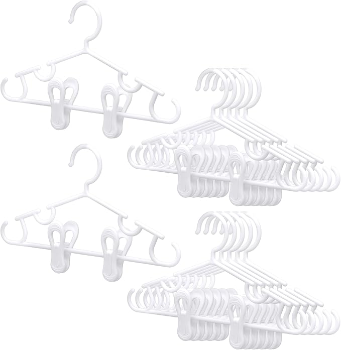 Hsei 5/10/40 Pack Baby Hangers with 10/20/80 Clips, Plastic Kids Pants Hangers for Nursery Closet Top and Bottom Clothes Hanger Set for Newborn Infant Toddler(15 Packs Total,White,10.6 Inch)