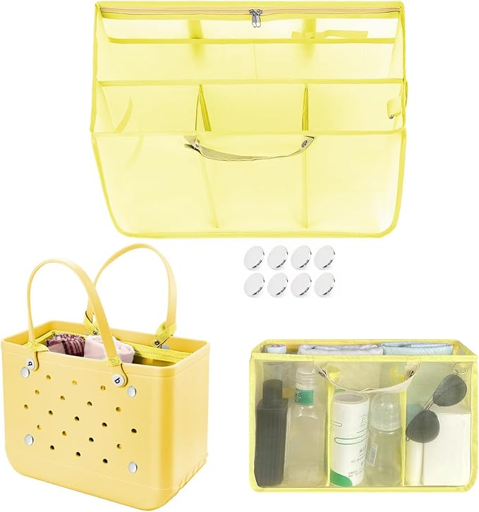 XYFuuee Beach Bag Organizer Inserts for Baby Medium Bogg Bag Accessories with 8 Removable Metal Fasteners, Lightweight Mesh Insert Divider Pouch, Organizing Rubber Tote, Save Storage Space, yellow M