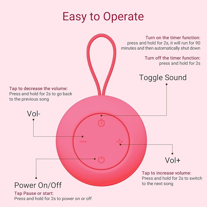 Portable Baby Sound Machine [White Noise for Babies Kids Adults][Timer Function][12 Soothing Sounds] 15 Hours Battery Life, Travel,Registry Gift,Shower,Clips on Baby Stroller.Rose