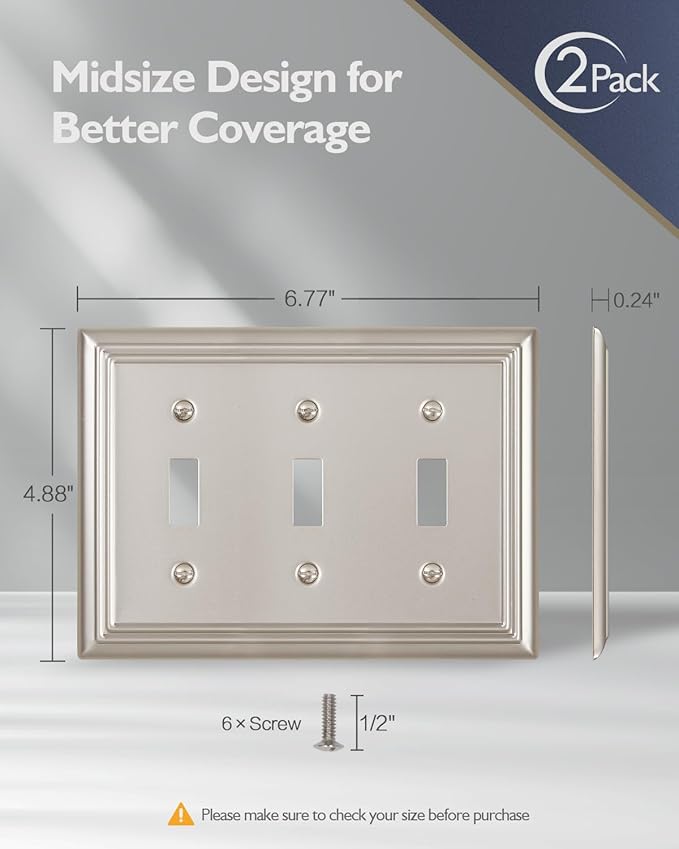 2-Pack Light Switch Cover, Satin Nickel Triple Toggle Wall Plate, Metal Switch Plate Cover, Midsize, A031 Series